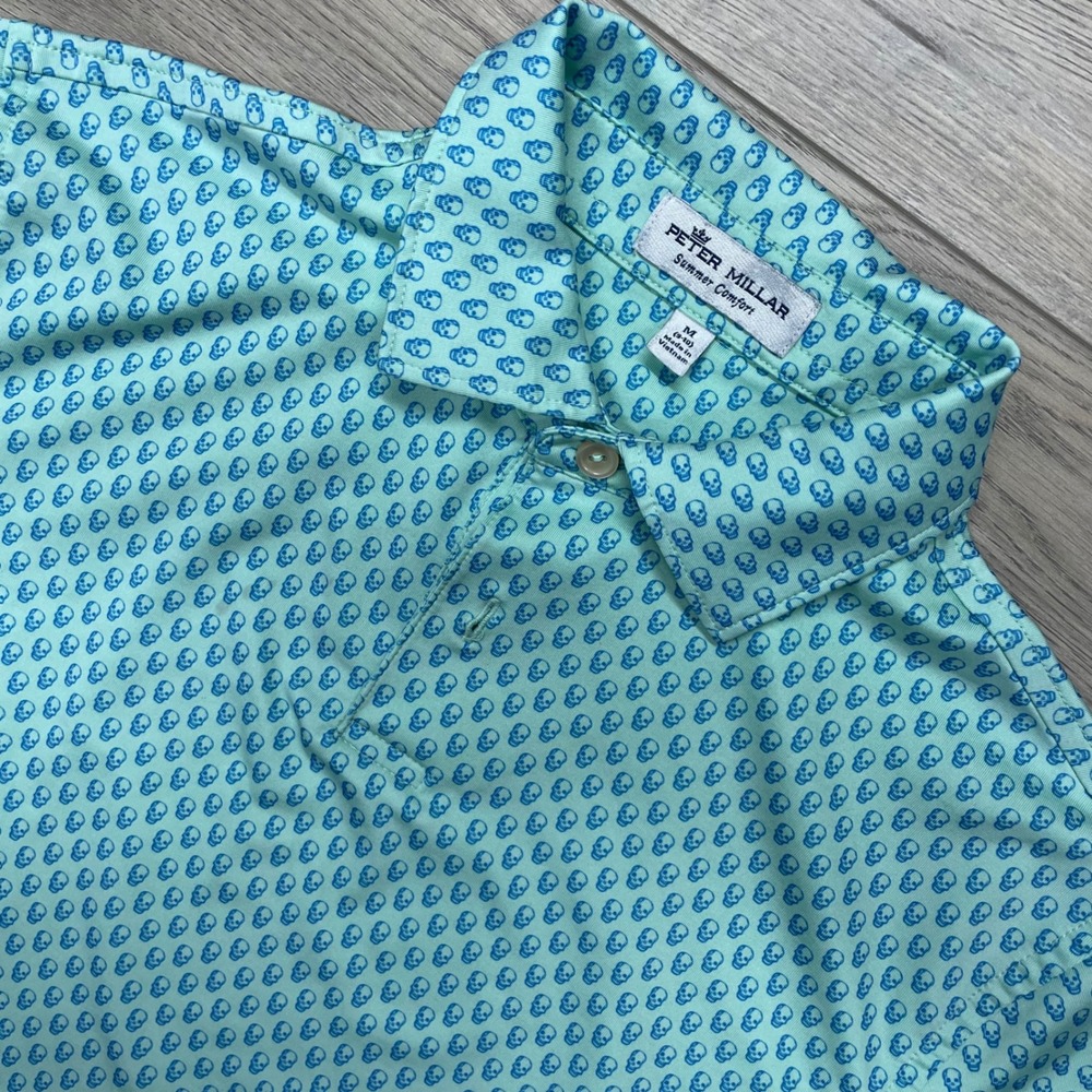 Peter Millar Polo Shirt Boys M Green Skull Print Summer Comfort YS20EK27S READ